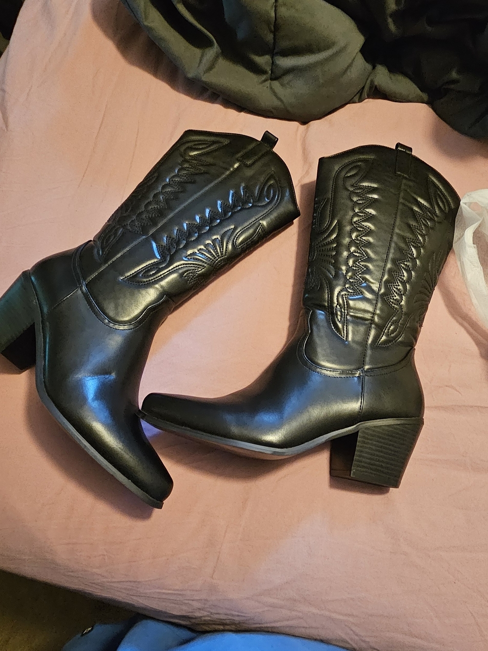 Women's Black Western Block-Heel Mid-Calf Boots